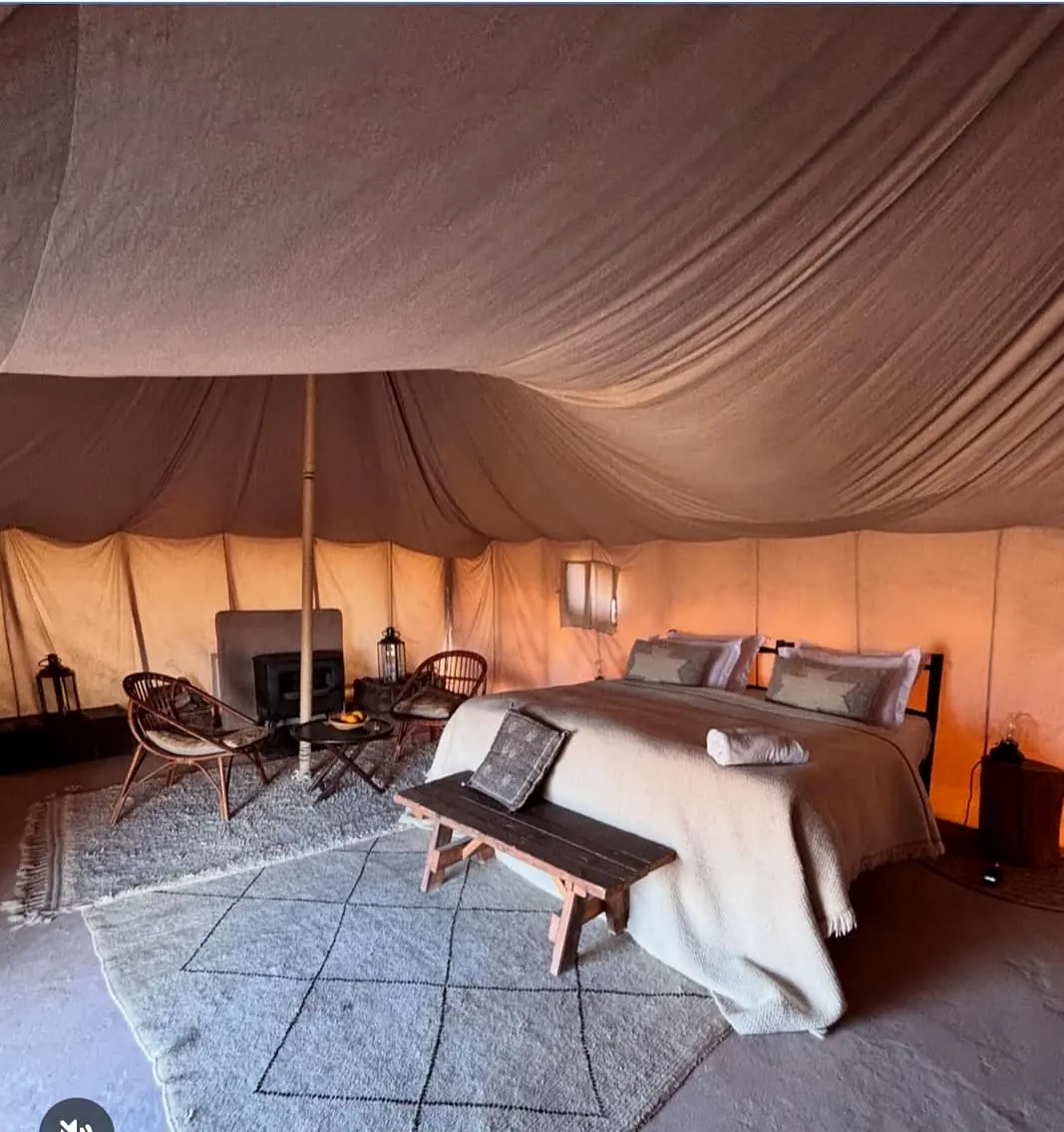Comfortable desert tent prepared for an overnight stay in Agafay