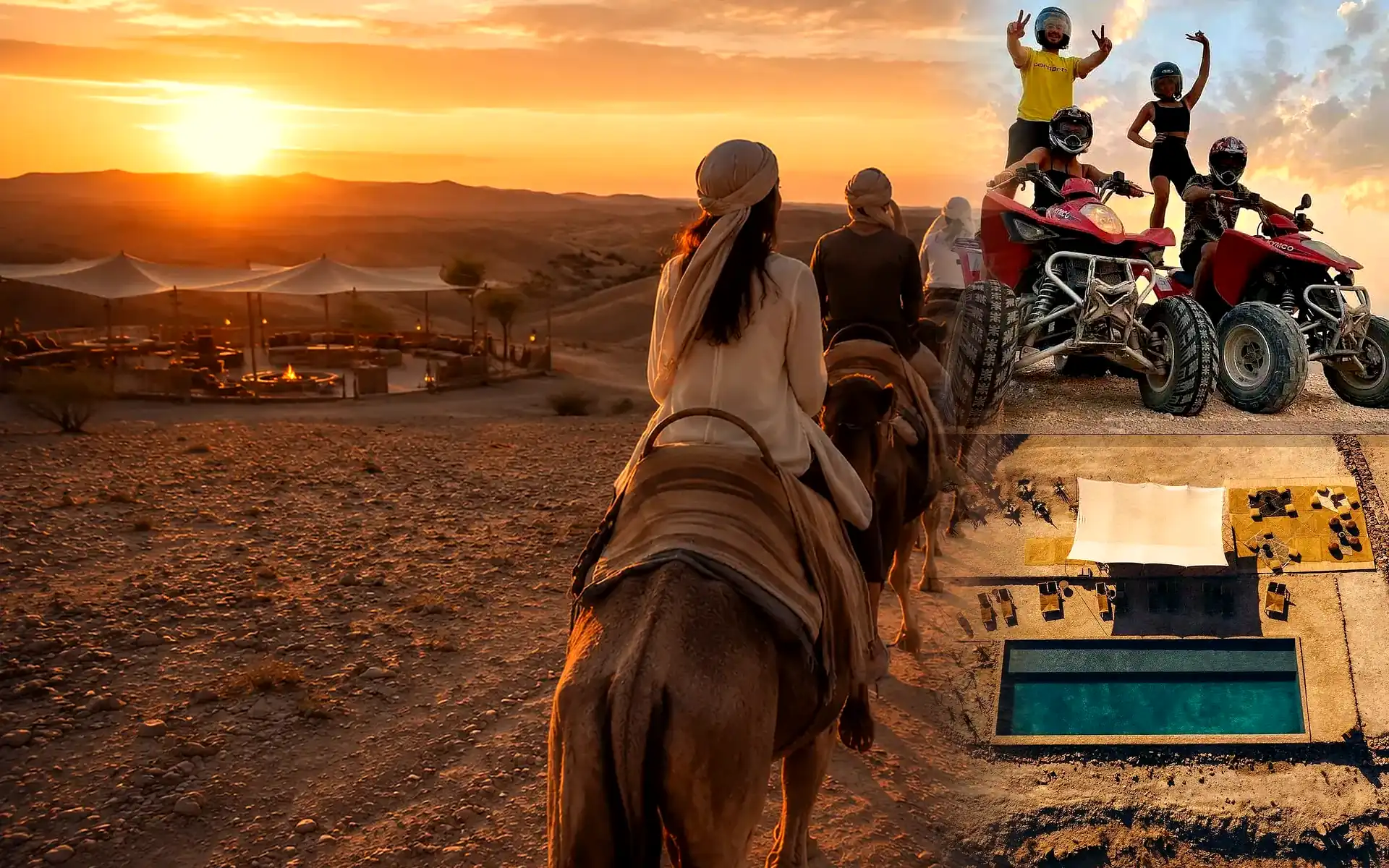 Guests following a camel route through the Agafay Desert