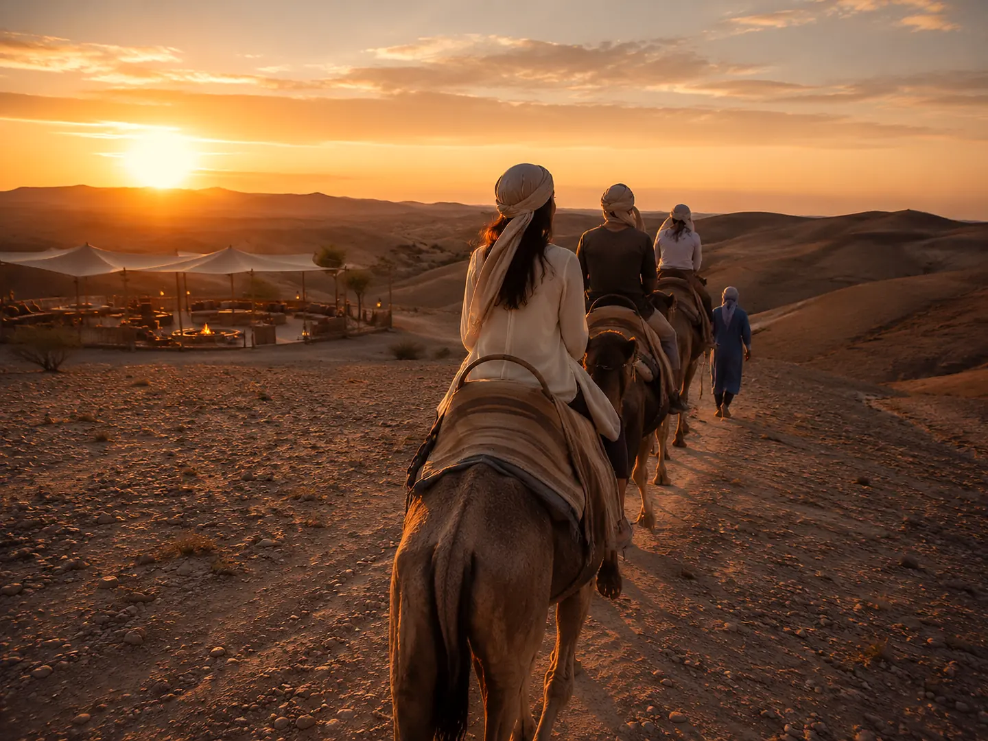Camel riders and outdoor activities in the Agafay Desert