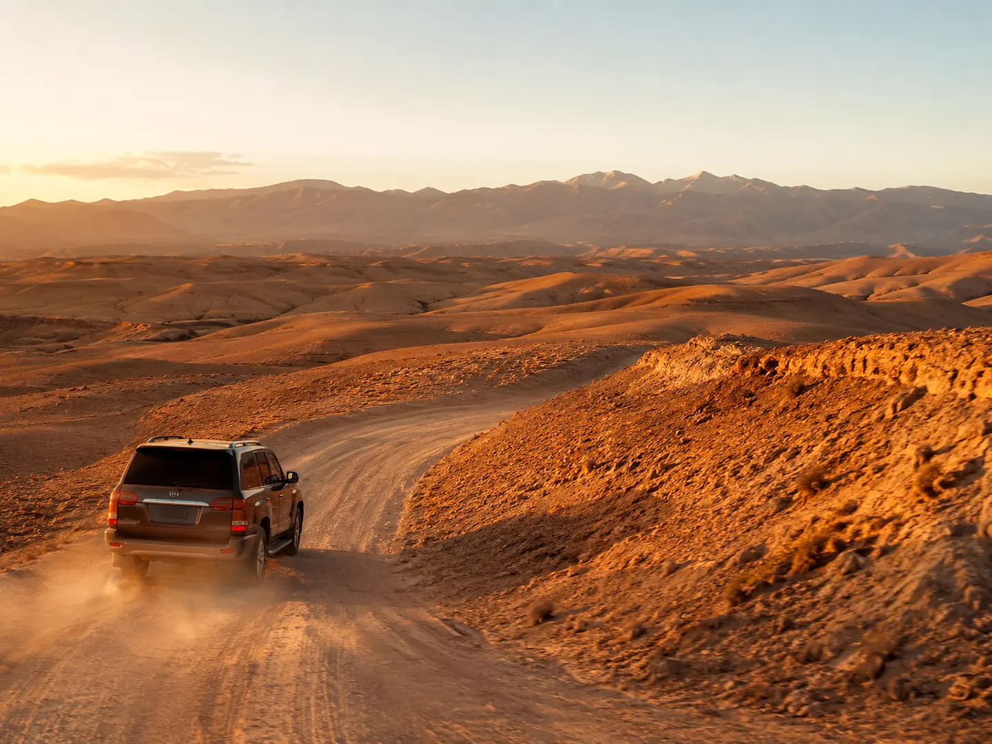 Private vehicle travelling between Marrakech and the Agafay Desert